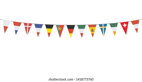 Garland with pennants from different countries on a white background 