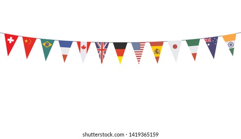 Garland with pennants from different countries on a white background 