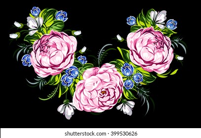 Garland of pink peonies and wildflowers