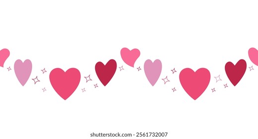 Garland of pink and purple hearts decorated with stars on white background. Seamless border. Vector illustration for poster, card, decoration.