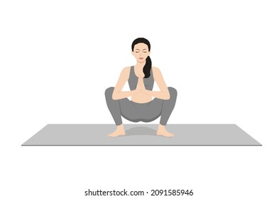 Garland Pose, Wide Squat Pose, Sitting Down Pose Beautiful girl practice Malasana, Upavesasana. Young attractive woman practicing yoga exercise. working out, black wearing sportswear, grey pants