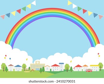 Garland and rainbow cityscape frame background