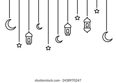 Garland for Ramadan. Crescent, star, lantern and Moroccan candlesticks. Sketch. Vector illustration. Outline on isolated background. Festive curtains on threads of different lengths. Doodle style. 