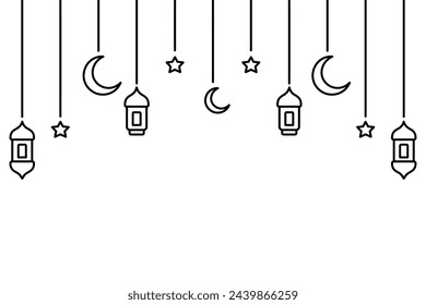 Garland for Ramadan. Crescent, star, lantern and Moroccan candlesticks. Sketch. Vector illustration. Outline on isolated background. Festive curtains on threads of different lengths. Doodle style. 