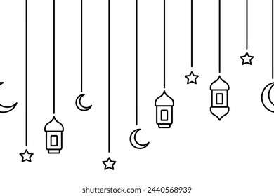 Garland for Ramadan. Crescent, star, lantern and Moroccan candlesticks. Sketch. Seamless horizontal vector border. Hanging decoration for Ramadan. Festive curtains on threads of different lengths. 