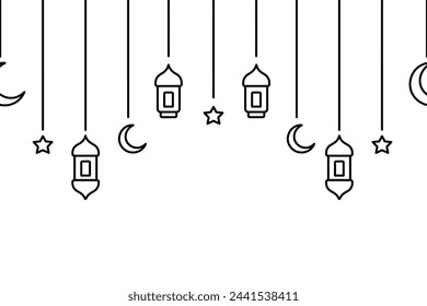 Garland for Ramadan. Crescent, star, lantern and Moroccan candlesticks. Sketch. Seamless horizontal vector border. Hanging decoration for Ramadan. Festive curtains on threads of different lengths. 