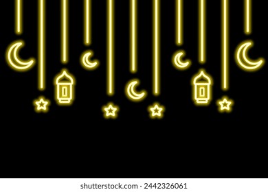 Garland for Ramadan. Golden neon glow. Crescent, star, lantern and Moroccan candlesticks. Color vector illustration. Isolated black background. Hanging holiday decoration on threads of different lengt