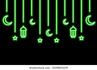 Garland for Ramadan. Green neon glow. Crescent, star, lantern and Moroccan candlesticks. Color vector illustration. Isolated black background. Hanging holiday decoration on threads 