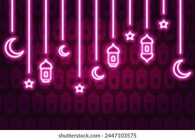 Garland for Ramadan. Pink neon glow. Crescent, star, lantern and Moroccan candlesticks. Color vector illustration. Isolated background from lanterns. Hanging holiday decoration on threads 