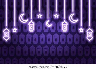 Garland for Ramadan. Purple neon glow. Crescent, star, lantern and Moroccan candlesticks. Color vector illustration. Isolated background from lanterns. Hanging holiday decoration on threads.