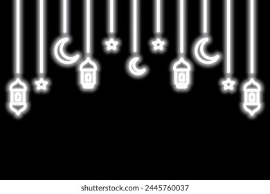 Garland for Ramadan. White neon glow. Crescent, star, lantern and Moroccan candlesticks. Color vector illustration. Isolated black background. Hanging holiday decoration on threads of different length