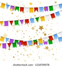 Garland with realistic flags. Holiday background with gold star confetti. 