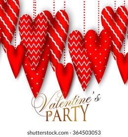 Garland of red hearts needlework material for decorating Valentine's Day. Valentine party invitation.