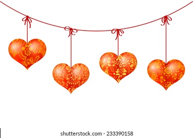 Garland of red hearts on ribbons with gold floral patterns. Vector illustration. 
