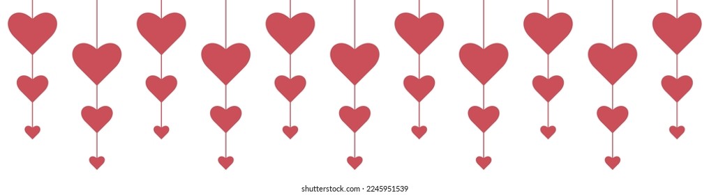 Garland with red hearts for Valentine's day. Can be used for card, invitation, border, valentine. Isolated vector illustration on white background.