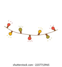 Garland with red, yellow and green glowing bulbs. Christmas and New Year decoration. Colorful vector isolated illustration hand drawn doodle. Seasonal festive element. Single card or icon contour