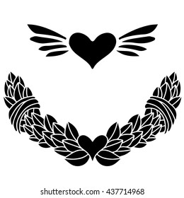 Garland, ribbon, hearts, leaves hand drawn black silhouette isolated on white background