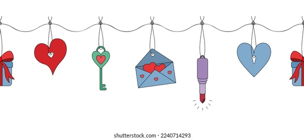 Garland with romantic symbols. Repeating horizontal border. Seamless vector pattern. Cartoon style. Cute things hanging on a string.  Jewelry hangs on a thread with a knot. Hanging decoration. 
