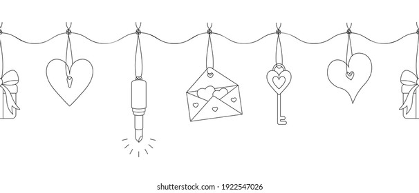 Garland with romantic things. Seamless horizontal border. Repeating vector pattern. The jewelry hangs on a thread with a knot. Heart, lipstick, envelope, key. Black and white sketch. Valentines Day. 