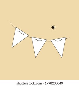 Garland rope icon, circus festive flags, star. White fill, black contour decorative elements, cute cartoon style illustration. Light yellow, cream background. Vector 