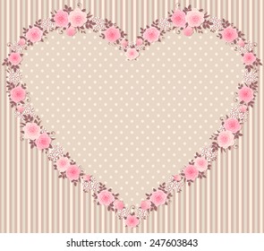 Garland of Roses on a vintage striped polka dot background. Vector floral frame in a shape of heart.