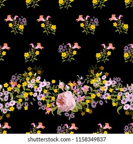 Garland of roses and other garden flowers seamless pattern