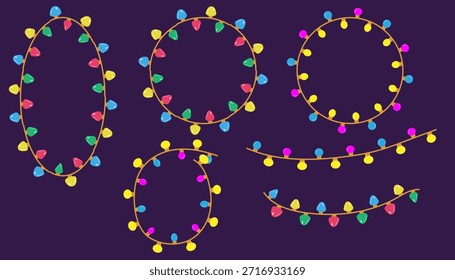 Garland round forms, bulb lightning decoration for event, Winter lights set. Garlands with colored bulbs, festive Xmas string decoration, round form framr for christmas garkand, vector flat