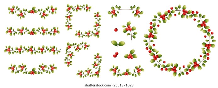 Garland, round wreath, frame design elements made of green leaves and berries. Lingonberry, cranberry, holly. Round frame with red wild berries and leaves. Vector illustration on white background.