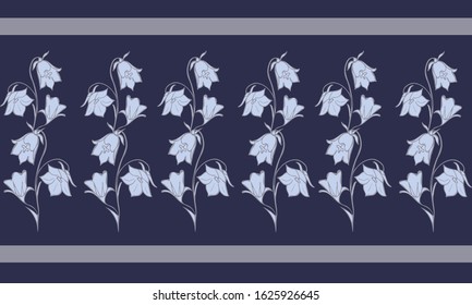   Garland seamless pattern with bell of grass. Blue background with contour flowers. Fashionable design for fabric, wallpaper, print.