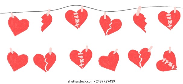 Garland of sedets. Broken heart, sealed with a plaster, half heart, vector.