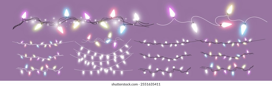 Garland shining with bright light. Multi-colored Christmas lights.