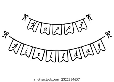 Garland. Sketch. Lettering streamer - Happy birthday. Printed text, capital letters. Festive garland of flags. Fastened with bows. Vector illustration. Doodle style. Outline on isolated background. 