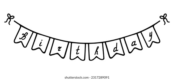 Garland. Sketch. Stretching for lettering - Birthday. Text in cursive. Festive garland of flags. Fastened with bows. Vector illustration. Doodle style. Outline on isolated background. Coloring book 