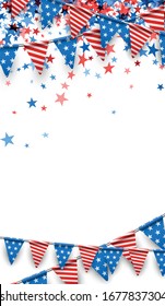 Garland con banderas triangulares americanas con estrellas y líneas.
Starry confetti. Una bandera azul con estrellas blancas y una bandera con líneas rojas y blancas.