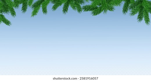 Garland of spruce branches. Christmas holiday decorations, realistic live fir tree effect with decorations for poster banners, png vector.