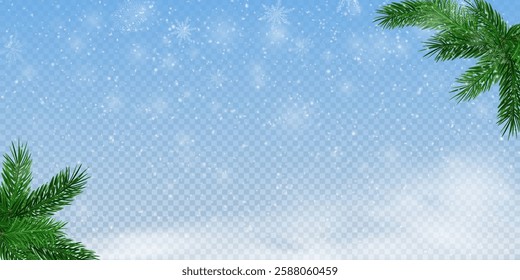 Garland of spruce branches. Christmas holiday decorations, realistic live fir tree effect with decorations for poster banners, png vector.