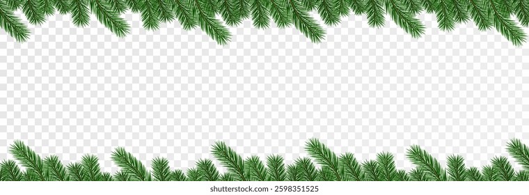 Garland of spruce branches. Christmas holiday decorations, realistic live fir tree effect with decorations for poster banners, png vector.