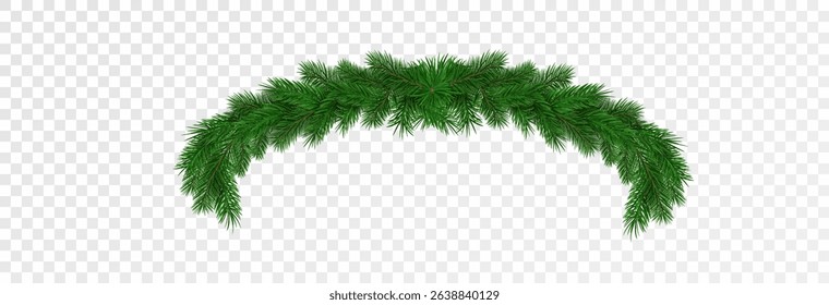 Garland of spruce branches. Christmas holiday decorations, realistic live fir tree effect with decorations for poster banners, png vector.