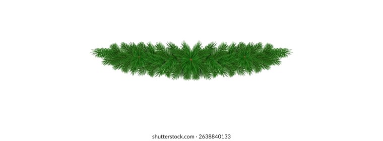 Garland of spruce branches. Christmas holiday decorations, realistic live fir tree effect with decorations for poster banners, png vector.
