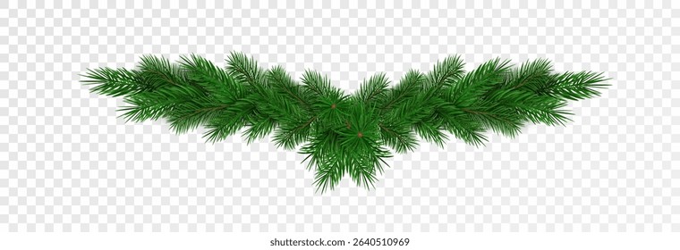 Garland of spruce branches. Christmas holiday decorations, realistic live fir tree effect with decorations for poster banners, png vector.