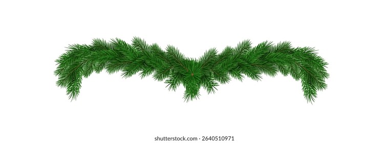 Garland of spruce branches. Christmas holiday decorations, realistic live fir tree effect with decorations for poster banners, png vector.
