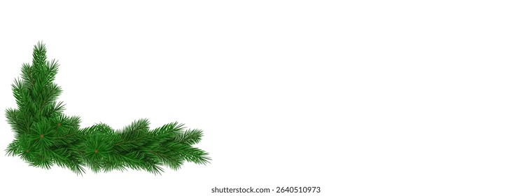 Garland of spruce branches. Christmas holiday decorations, realistic live fir tree effect with decorations for poster banners, png vector.