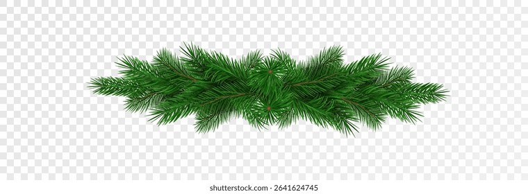 Garland of spruce branches. Christmas holiday decorations, realistic live fir tree effect with decorations for poster banners, png vector.