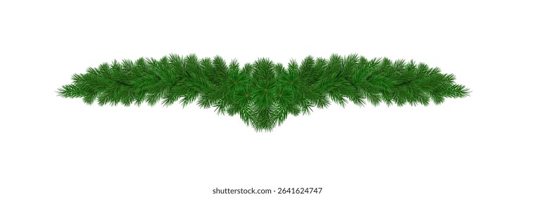 Garland of spruce branches. Christmas holiday decorations, realistic live fir tree effect with decorations for poster banners, png vector.
