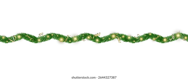 Garland of spruce branches. Christmas holiday decorations, realistic live fir tree effect with decorations for poster banners, png vector.
