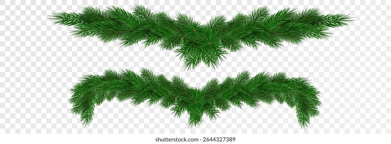 Garland of spruce branches. Christmas holiday decorations, realistic live fir tree effect with decorations for poster banners, png vector.