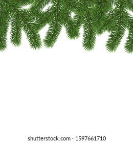 Garland of spruce branches on a white background. Decorative greeting card happy new year 2020 and merry Christmas. Advertising banner for trade and sale