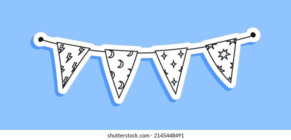Garland sticker of triangular flags with different patterns. Doodle sticker bunting flag with lightning, crescent and stars. Black on white vector illustration of a bunting flag on a string isolated o
