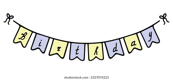 Garland. Stretching for lettering - Birthday. Text in cursive. Festive garland of blue and yellow flags. Fastened with bows. Color vector illustration. Cartoon style. Isolated background. 