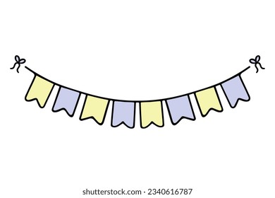 Garland. Stretching for text in 8 letters. Festive garland of yellow and purple flags. Fastened with bows. Place for text. Color vector illustration. Cartoon style. Isolated background. 